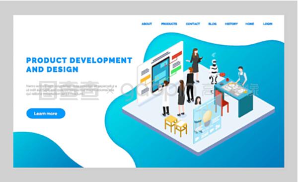 軟件產品開發和設計網站。從事工程、制造過程的人員。移動應用程序模型板。平面網頁矢量插圖。產品開發和設計網頁,模型